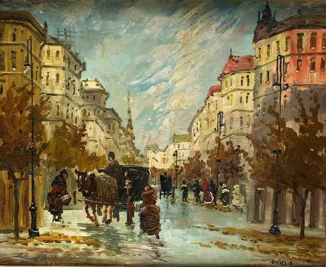 Antal Berkes Street scene with carraiges oil painting image